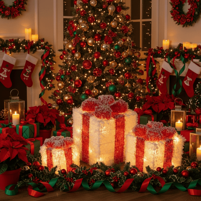 Battery Operated LED Presents Set of 3 - Christmas Factory