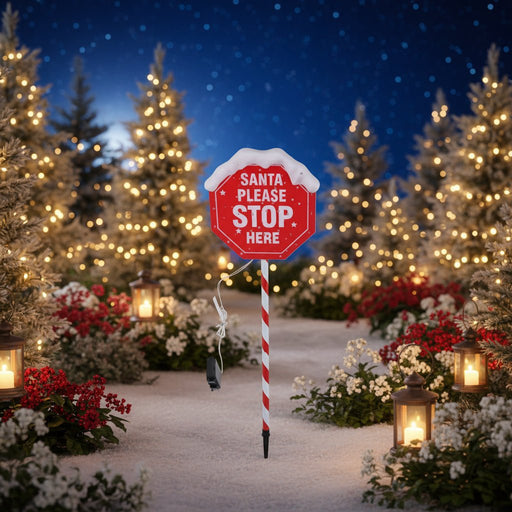Battery Operated LED Santa Stop Here Stake Light 105cm - Christmas Factory