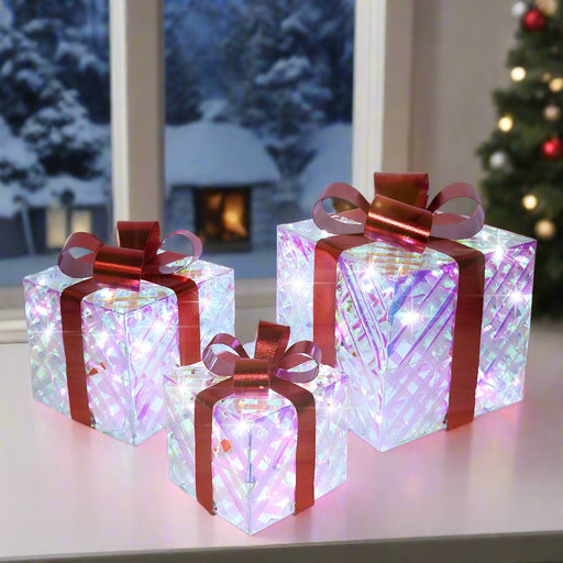 LED Iridescent Presents with Red Bow (3pc) - Christmas Factory