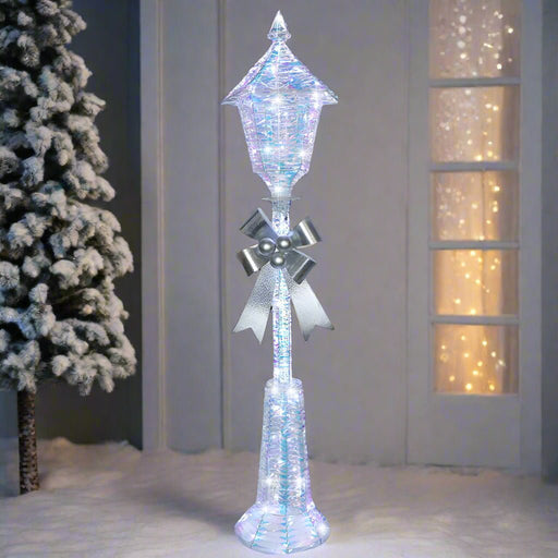 LED Iridescent PVC Lamppost with Silver Bow - Christmas Factory
